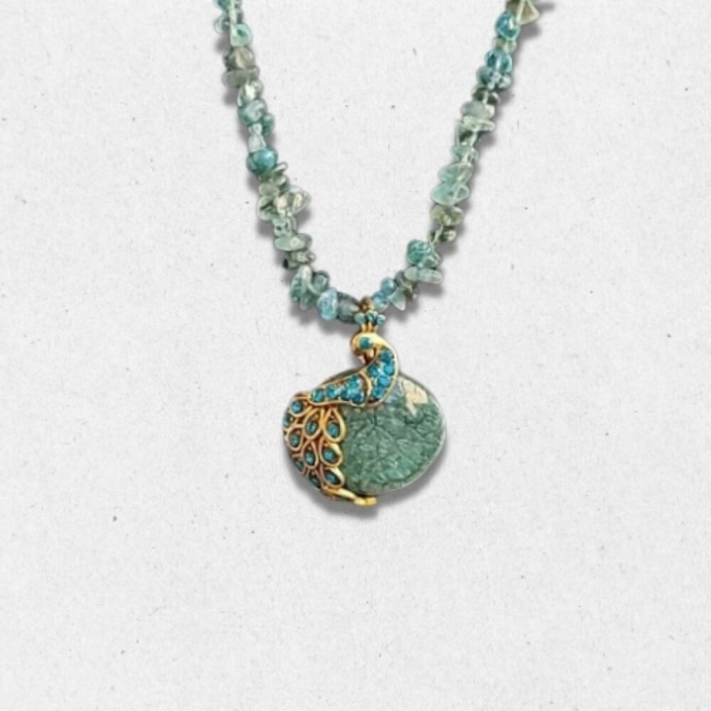Glass Gold Tone Peacock Beads Pendant Necklace Rhinestone Accents Blue/Green OS